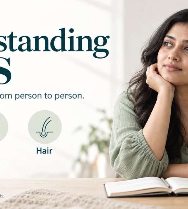 Understanding PCOS symptoms, including irregular periods, skin changes, and hair changes in women.