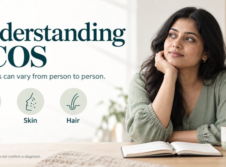 Understanding PCOS symptoms, including irregular periods, skin changes, and hair changes in women.