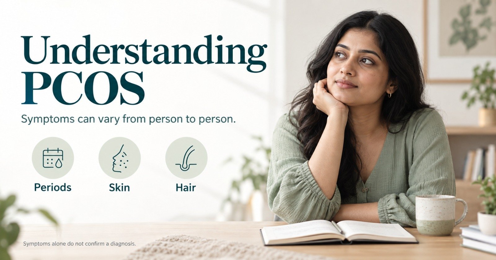 Understanding PCOS symptoms, including irregular periods, skin changes, and hair changes in women.