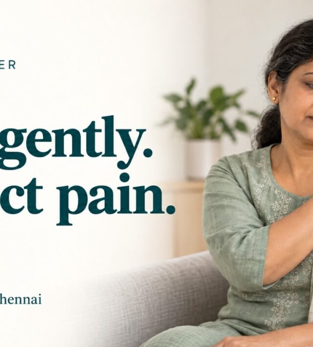 A woman gently holding her shoulder while exploring the importance of gentle movement during frozen shoulder treatment.