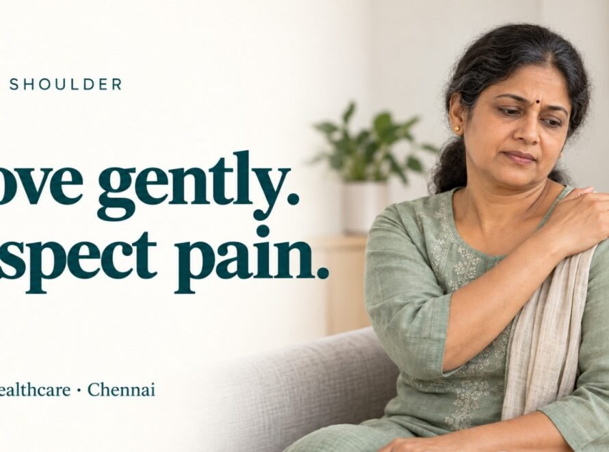 A woman gently holding her shoulder while exploring the importance of gentle movement during frozen shoulder treatment.