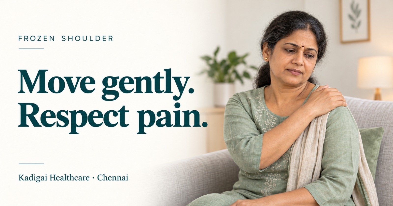A woman gently holding her shoulder while exploring the importance of gentle movement during frozen shoulder treatment.