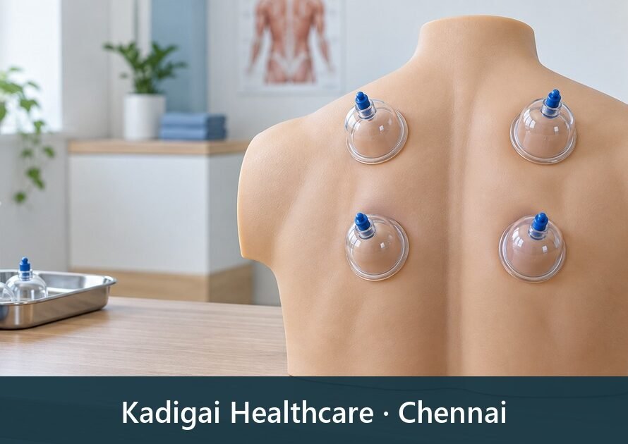 Dry cupping treatment for back pain at Kadigai Healthcare offering cupping therapy in Chennai