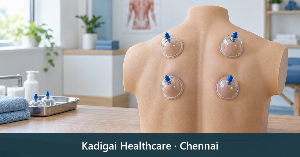 Dry cupping treatment for back pain at Kadigai Healthcare offering cupping therapy in Chennai